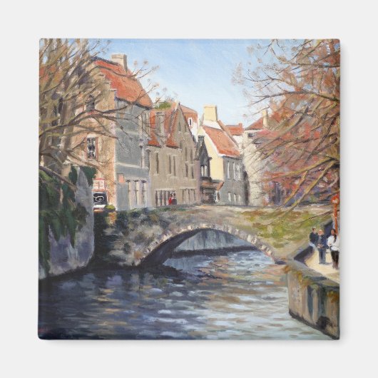 風光明媚な魅力的ブルージュの運河に古い橋 マグネット (正面)