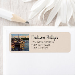 風光明媚な魚釣りボートのドッキング ラベル