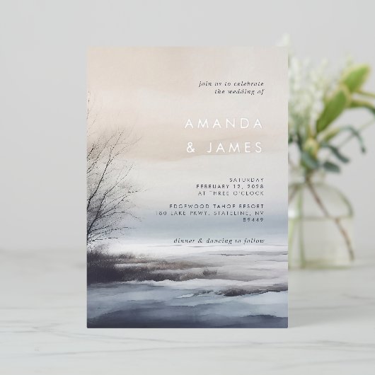 風光明媚エレガントな抽象芸術景観冬の結婚式 箔招待状 (立ち正面)