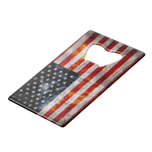 風化させたヴィンテージの米国旗 クレジットカード栓抜き (正面アングル)