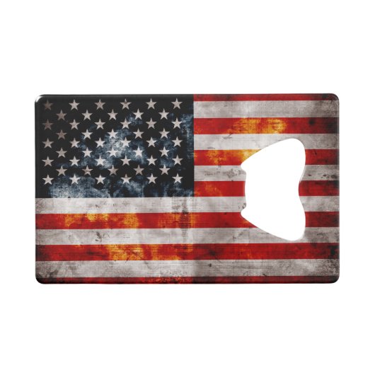 風化させたヴィンテージの米国旗 クレジットカード栓抜き (正面(横))