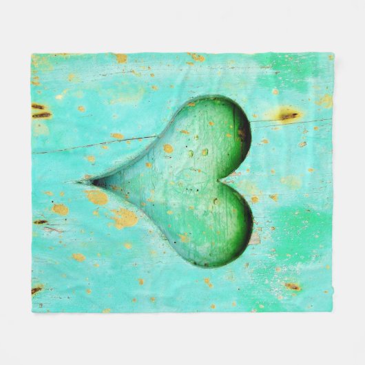風化させた青い皮のペンキの木製のハートの記号 フリースブランケット (正面(横))