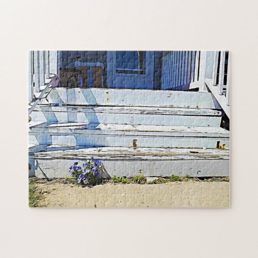 風化したフロントポーチステップと紫のスミレ ジグソーパズル (横)