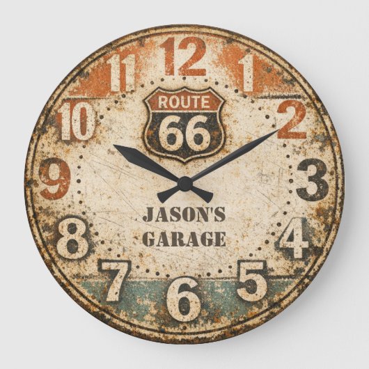 風化したレトロアメリカ風ルート66アート ラージ壁時計 (正面)