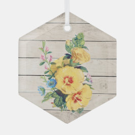 風化した木に黄色の花フェイクの花束 ガラスオーナメント