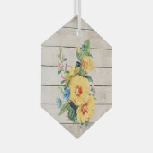 風化した木に黄色の花フェイクの花束 ガラスオーナメント (正面右)