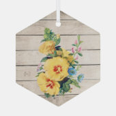 風化した木に黄色の花フェイクの花束 ガラスオーナメント (裏面)