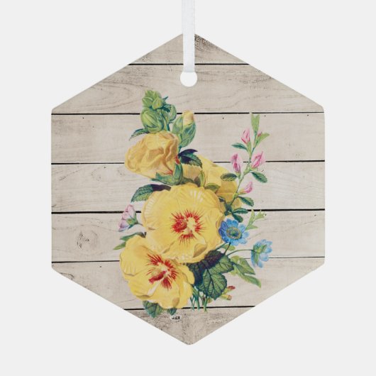 風化した木に黄色の花フェイクの花束 ガラスオーナメント (裏面)