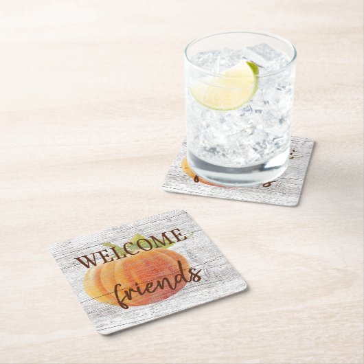 風化した木の板にカボチャを歓迎 スクエアペーパーコースター (インサイチュ)