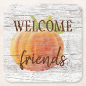 風化した木の板にカボチャを歓迎 スクエアペーパーコースター (正面)