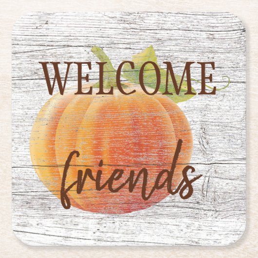 風化した木の板にカボチャを歓迎 スクエアペーパーコースター (正面)