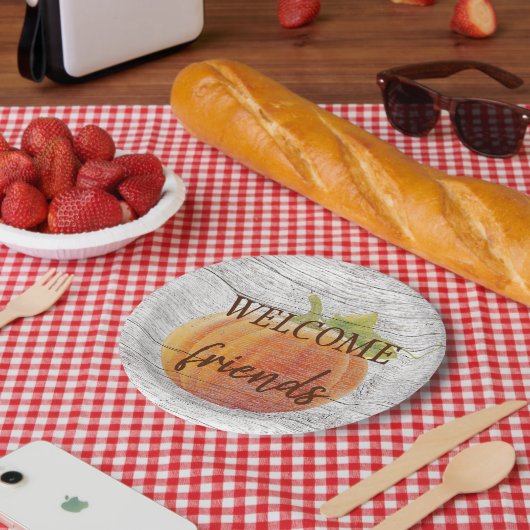 風化した木の板にカボチャを歓迎 ペーパープレート (ピクニック)