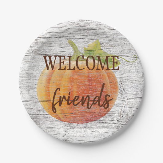 風化した木の板にカボチャを歓迎 ペーパープレート (正面)