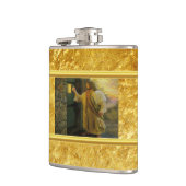 風化した木製のドアをノックするキリスト金ゴールド フラスク (左)