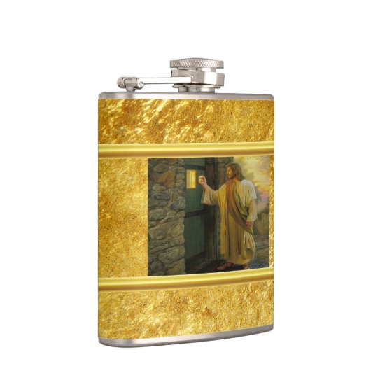 風化した木製のドアをノックするキリスト金ゴールド フラスク (右)