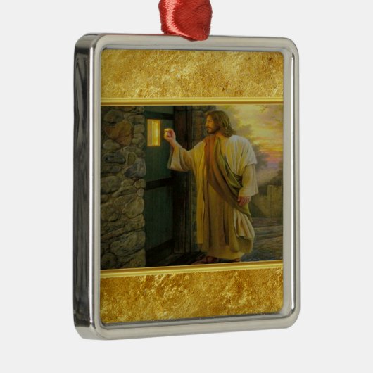 風化した木製のドアをノックするキリスト金ゴールド メタルオーナメント (右)