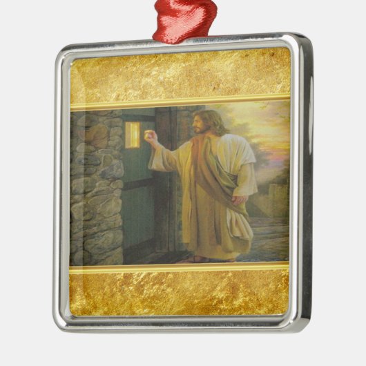 風化した木製のドアをノックするキリスト金ゴールド メタルオーナメント (左)