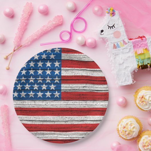 風化した木製の厚板の模様のアメリカ国旗 ペーパープレート (パーティー)