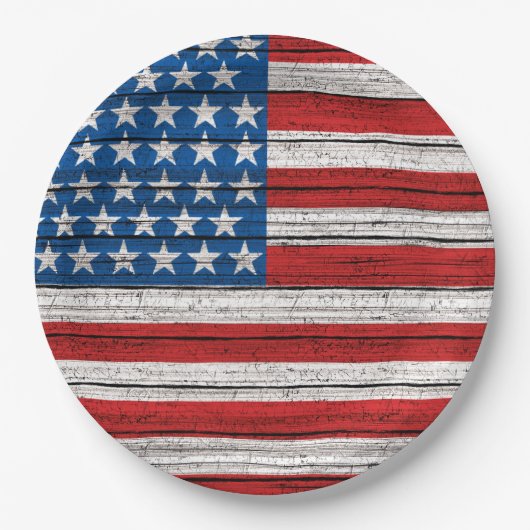 風化した木製の厚板の模様のアメリカ国旗 ペーパープレート (正面)