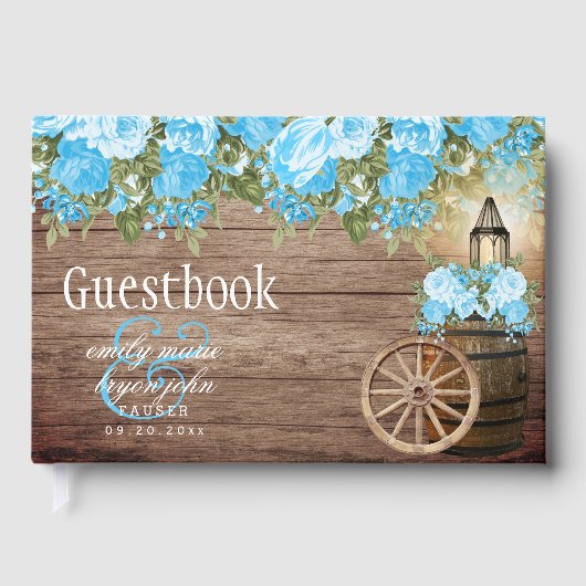 風化した木製バレル – ベビーブルーフラワー ゲストブック (正面)