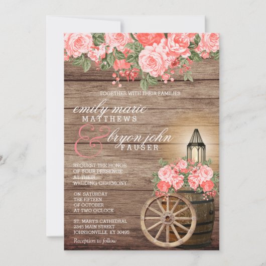 風化した美しい木樽と珊瑚の花 招待状 (正面)