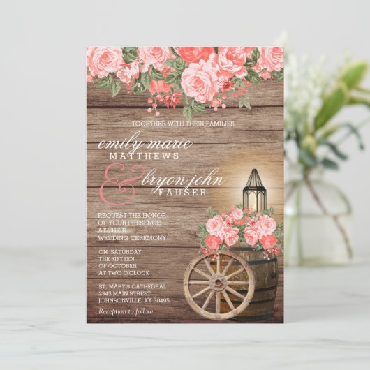 風化した美しい木樽と珊瑚の花 招待状 (スタンド正面)