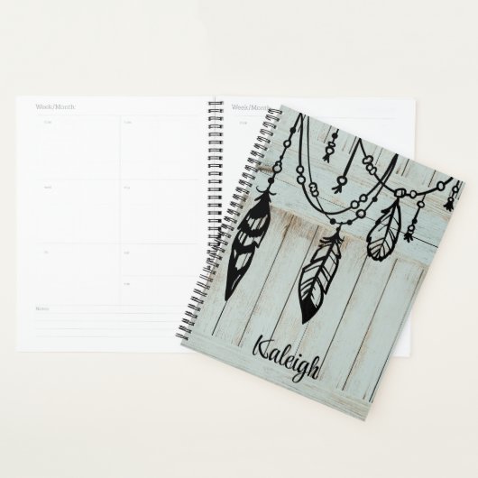 風化した青い納屋の板のビーズと羽毛 プランナー手帳 (ディスプレー)