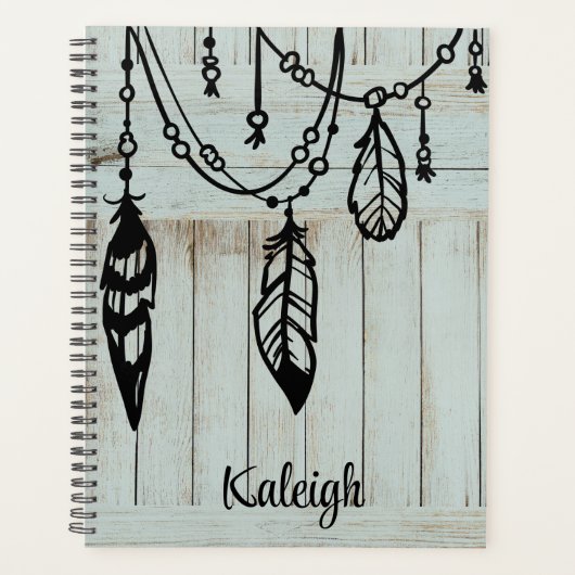 風化した青い納屋の板のビーズと羽毛 プランナー手帳 (正面)