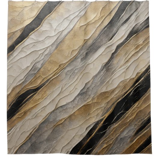 風化した黒と金ゴールド ストライプ シャワーカーテン (正面)