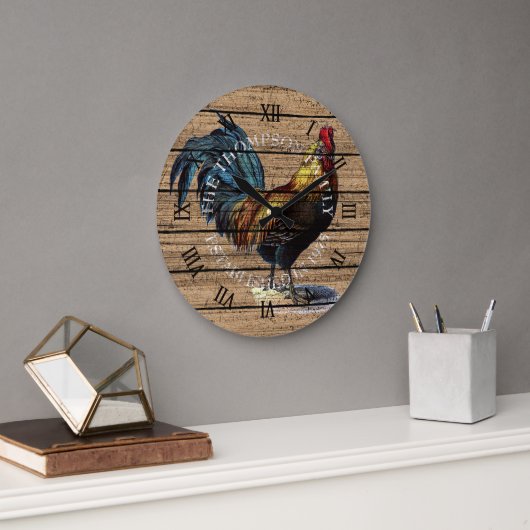 風化カスタムした厚板の柄の可愛い鶏 ラージ壁時計 (オフィス)