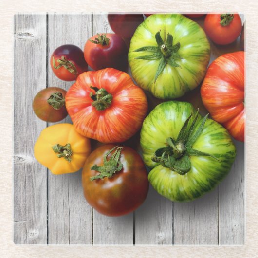 風化カラフルストライプの表のトマト ガラスコースター (正面)