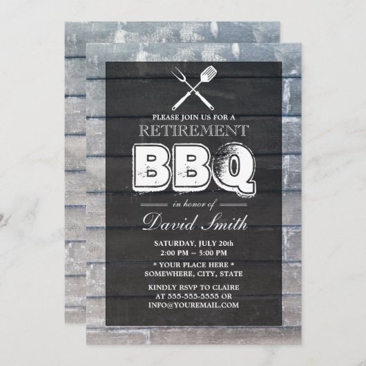 風化スタイリッシュ木材BBQ退職パーティー 招待状 (正面/裏面)