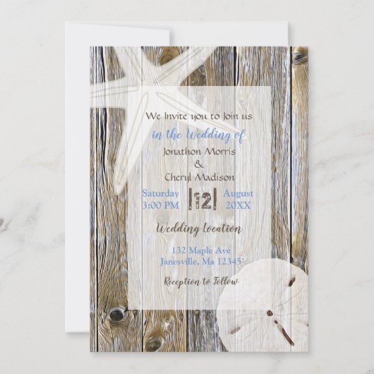 風化木材ヒトデと砂ドルビーチ 招待状 (正面)