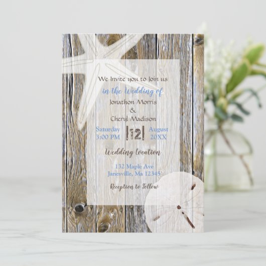 風化木材ヒトデと砂ドルビーチ 招待状 (スタンド正面)