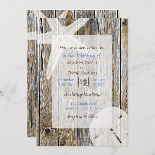 風化木材ヒトデと砂ドルビーチ 招待状 (正面/裏面)