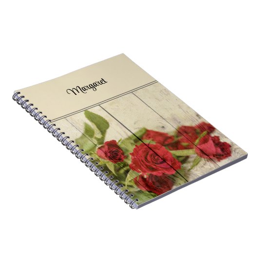 風化木材絵を描スパイラル上の赤いバラの名前 ノートブック (右側)