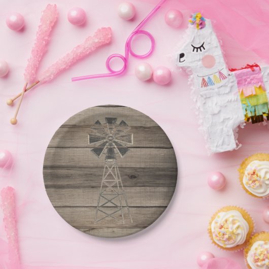 風化素朴木材カントリー風車結婚の ペーパープレート (パーティー)