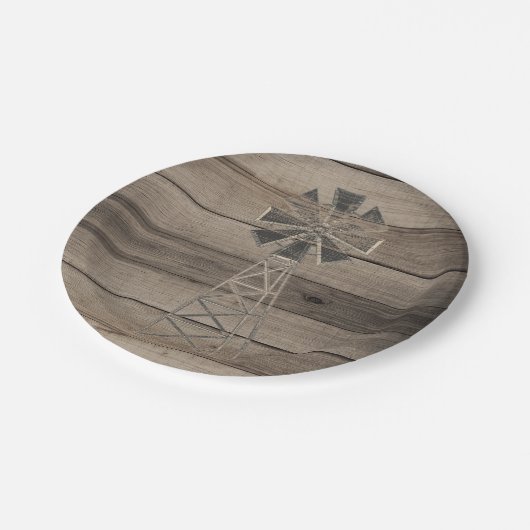 風化素朴木材カントリー風車結婚の ペーパープレート (アングル)