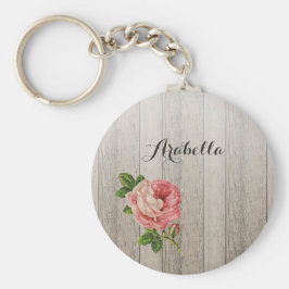 風化素朴木材ヴィンテージピンクのバラの名前 キーホルダー