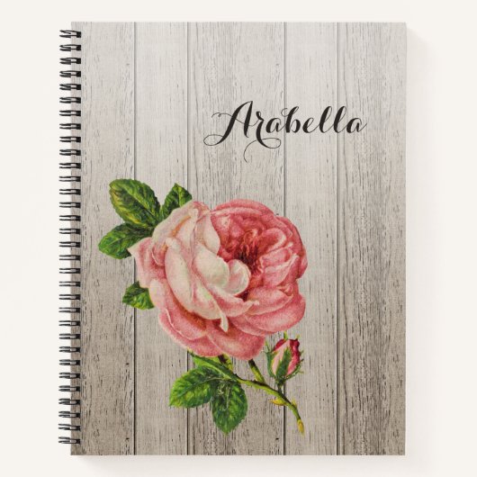 風化素朴木材ヴィンテージピンクのバラの名前 ノートブック (正面)