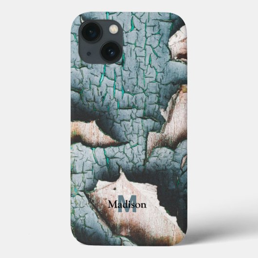 風合いある古びた青緑のペンキの木のカスタムモノグラム Case-Mate iPhoneケース (裏面)