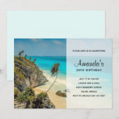 風吹かれた木のトロピカルビーチの誕生日 招待状 (正面/裏面)