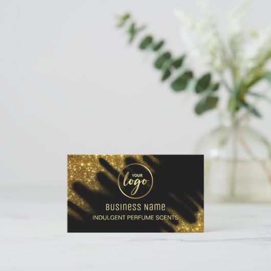 風吹きグリッターブラックアンド金ゴールド香水 名刺 (スタンド正面)