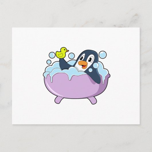 風呂に入ったペンギンとアヒル ポストカード (正面)