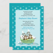 風呂に入る双子の赤ちゃんのお披露目会 - 水色の猿 招待状 (正面/裏面)