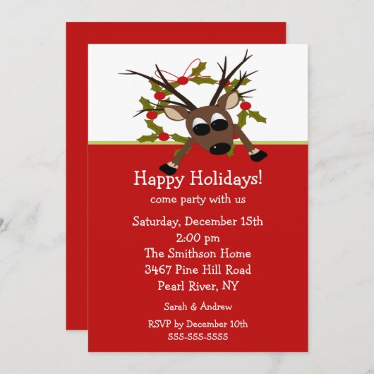 風変りなトナカイの幸せな休日のパーティの招待状 招待状 (正面/裏面)