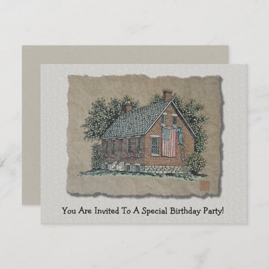 風変わりで古風な家及び米国旗 招待状 (正面/裏面)