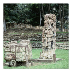 風変わりで鮮やかなマヤの台なしの古代彫像ホンジュラス ポスター