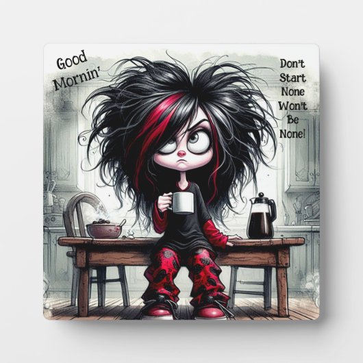 風変わりなコーヒー好きの女性ステッカー付きイーゼル フォトプラーク (正面)