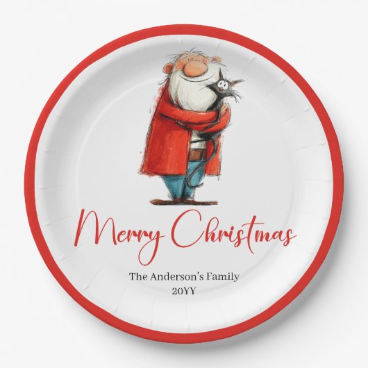 風変わりなサンタクロース 水彩画のクリスマスディナー ペーパープレート (正面)